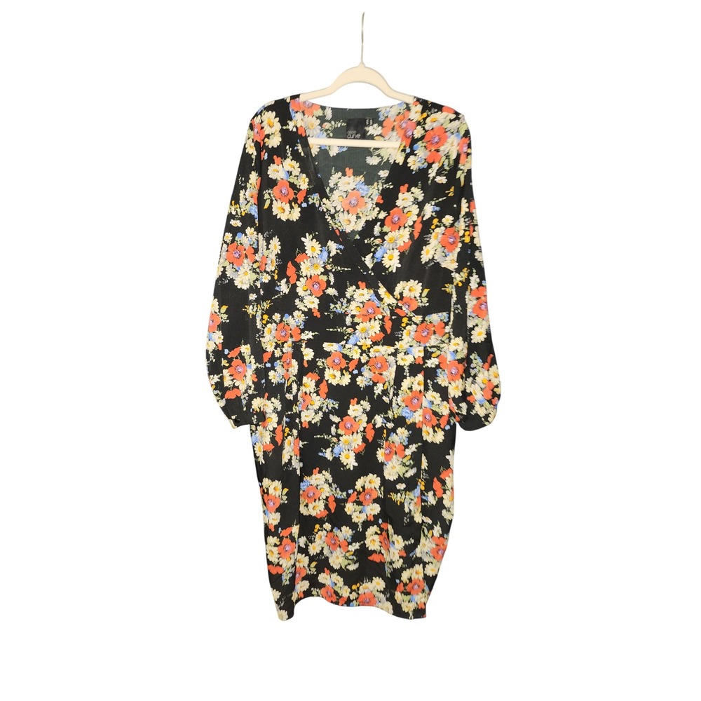 ASOS Curve Black Floral Print Long Sleeve Wrap Midi Dress Plus Size 20